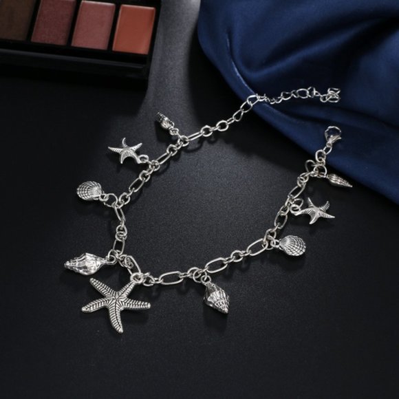 🔵Starfish Shell Silver Tone Chain Link Anklet - Picture 4 of 8